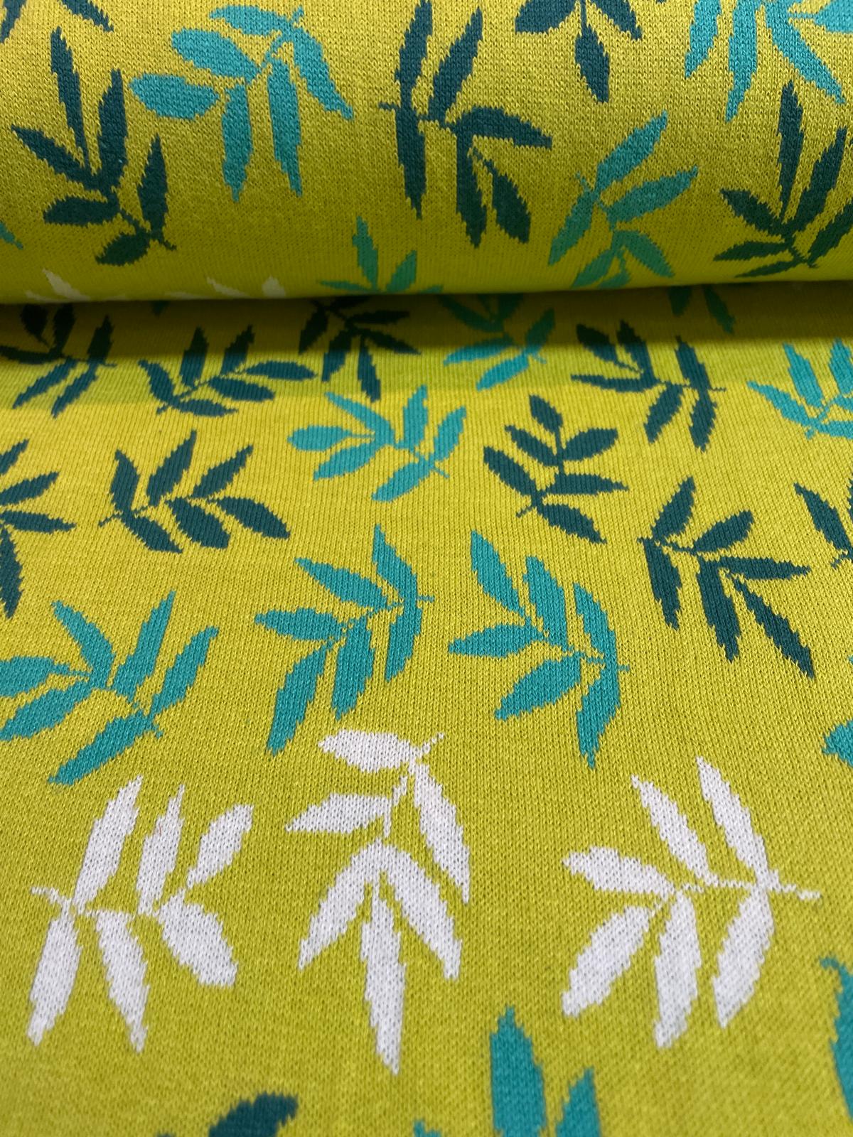 Bio Strick gelb / petrol mit Blättern